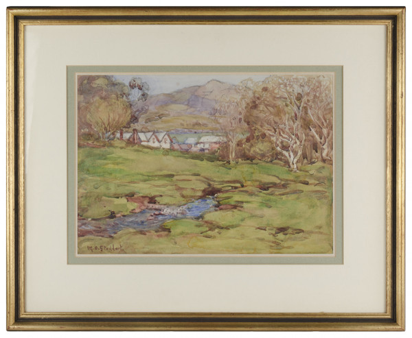 Cottages, Little River, by M.O. Stoddart. Watercolour on paper, 1923 or 1924. watercolour painting of grass, stream , trees and cuildings