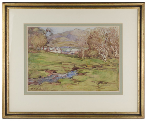 watercolour painting of grass, stream , trees and cuildings